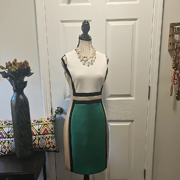 Calvin Klein Green, Cream and Black Slimming Pencil Dress, Size 4. - Picture 1 of 11